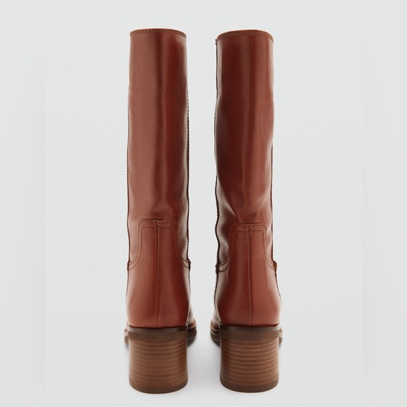 $219 New Mango MNG Cognac Leather Ankle Boots with Block Heel Euro 36 US 6 - Picture 3 of 11